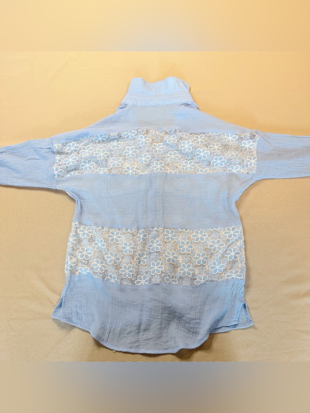 Light Blue Button-Down Women's Shirt with Floral Lace Insets - Picture 6 of 7